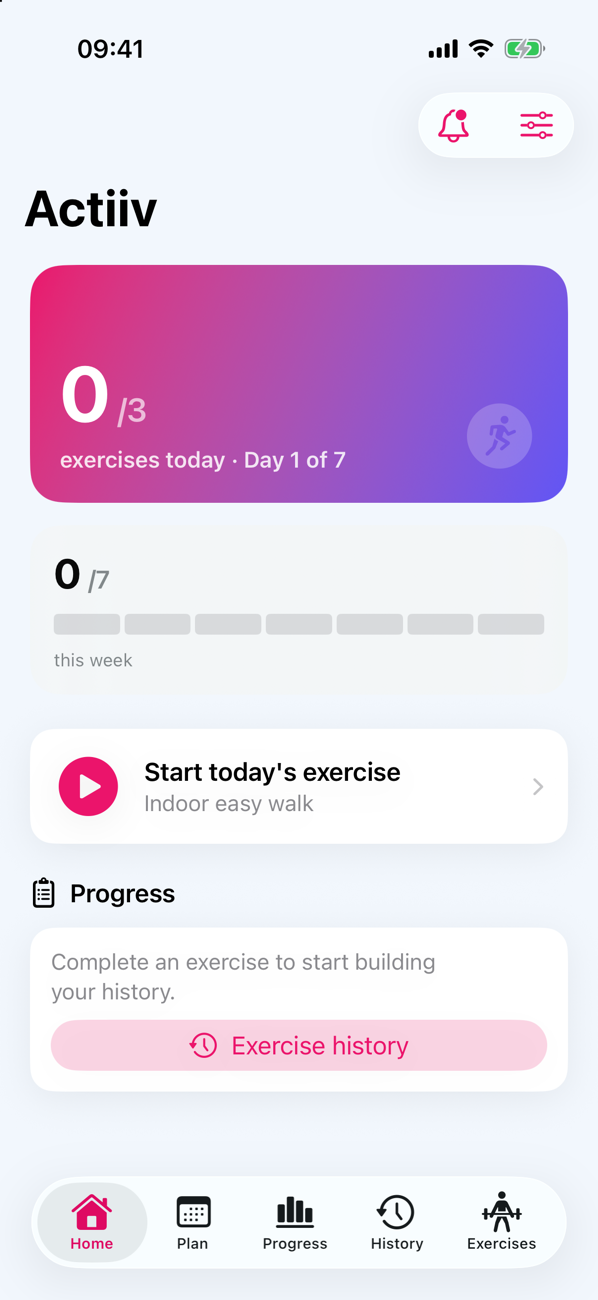 The Home tab with today's exercise ready to start