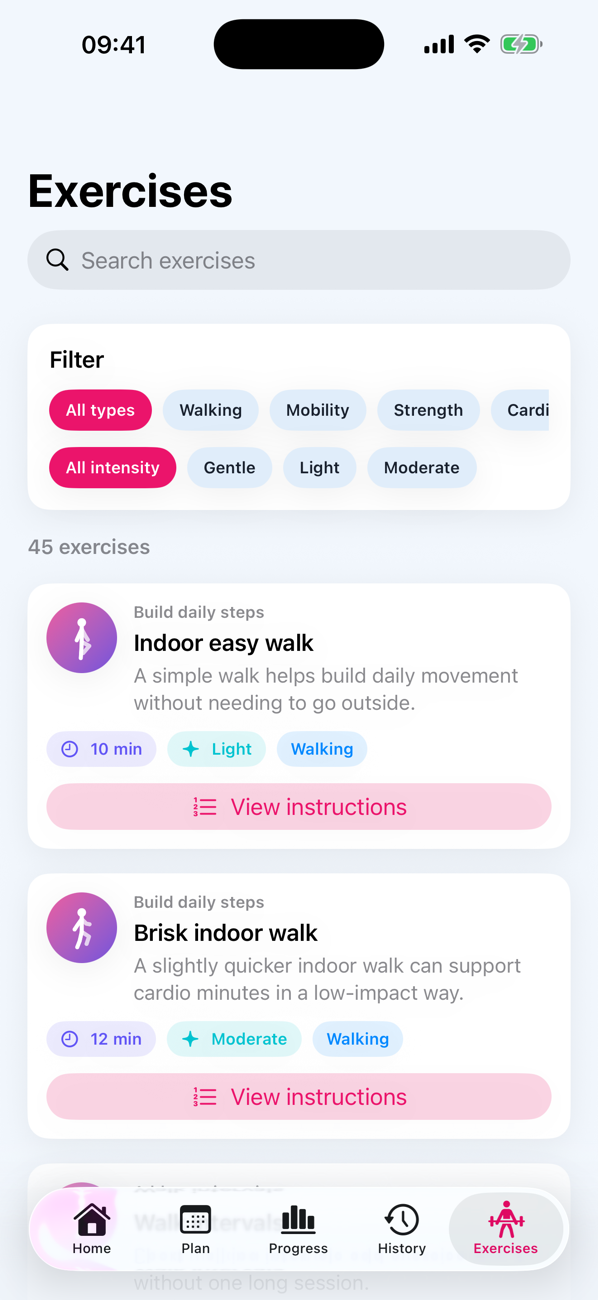 The Exercises library with search and filters by type and intensity