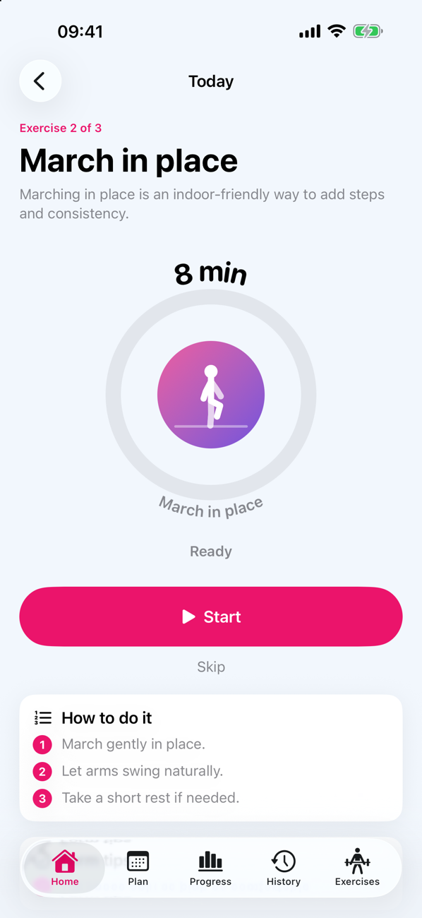 An exercise ready to start, with a Start button and step-by-step instructions