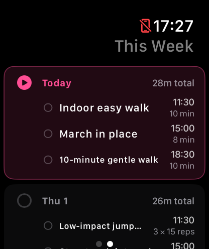 The Apple Watch This Week screen listing today's three exercises with their times